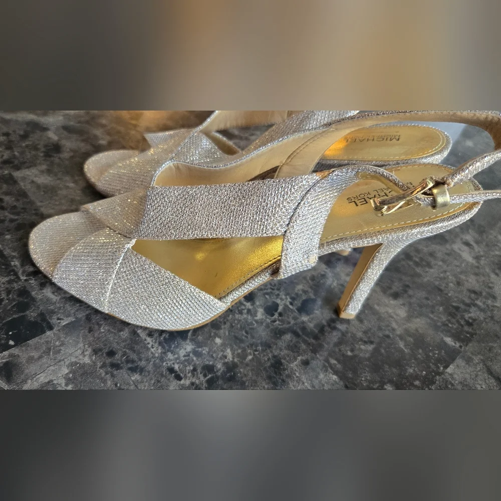 Michael Kors Silver Glitter Strappy Heels ✨ Evening Sandals Sze 1M - Picture 3 of 8